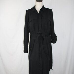 Nine West Women's Utility Midi Shirtdress Sz L Sash Pockets Roll Tab Sleeves